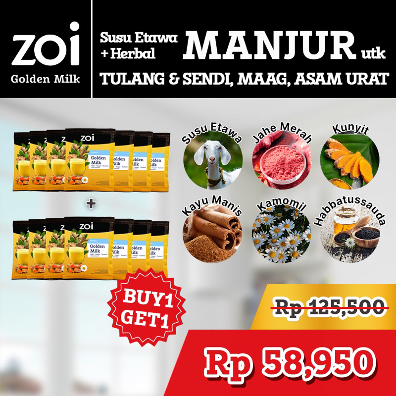 

Paket 7 Sachet Dapat 14 Sachet Zoi Golden Milk Susu Herbal Susu Sehat Susu Kambing, Jahe dan Kunyit