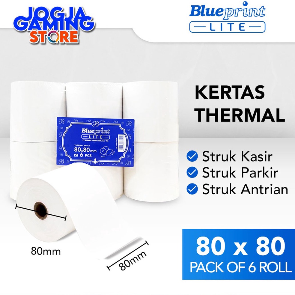 

KODE A67Y KERTAS THERMAL STRUK KASIR PARKIR PPOB KARCIS PARKIR MURAH BLUEPRINT LITE 8x8P 8x8 P 1 Pack 6 Roll