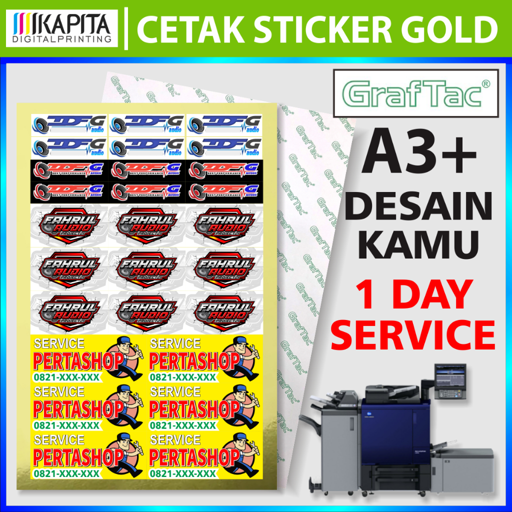 

Cetak Stiker Graftac Gold A3+ Berkilau Murah DESAIN SENDIRI Sticker Gold Anti Air Stiker Custom