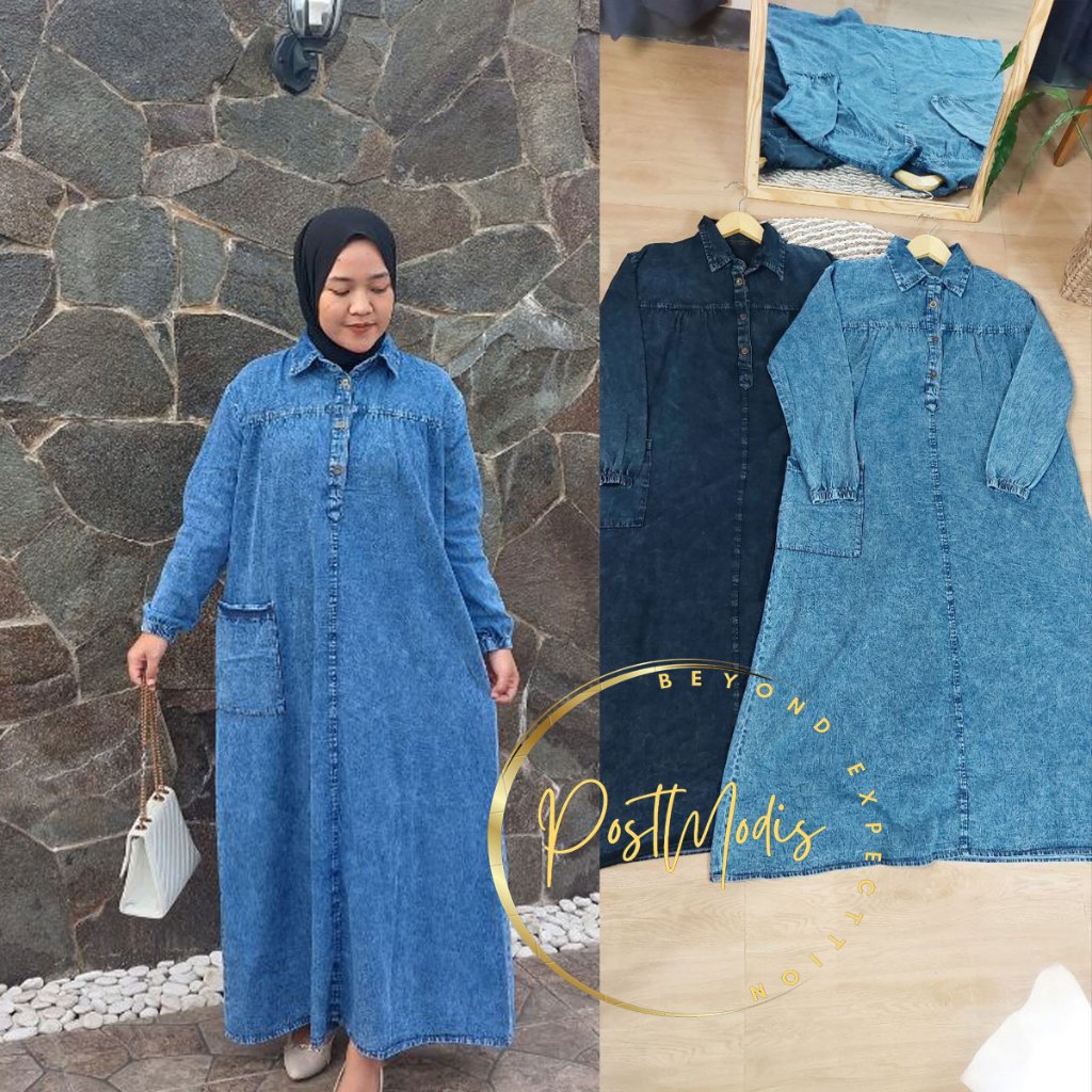 MAHALINI MIDI DRESS JEANS KEKINIAN TERBARU LD 115 PANJANG 125 BAJU MUSLIM JEANS