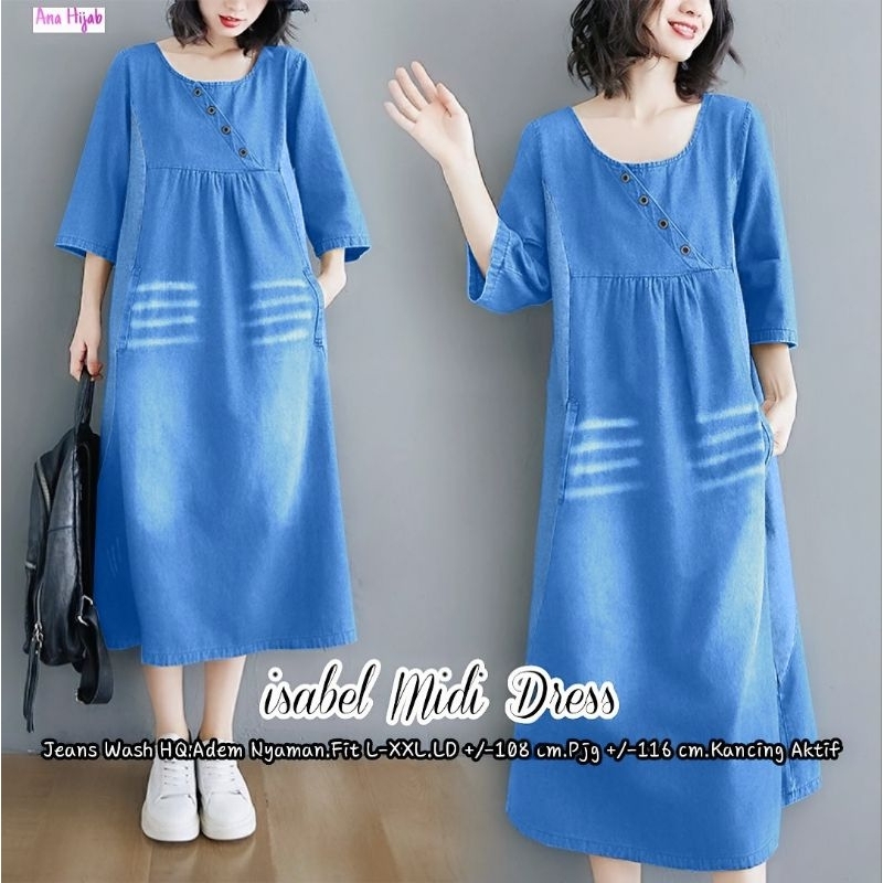 MIDI DRESS JEANS WANITA JUMBO/ISABELA/DRESS MIDI WANITA JEANS WASH HQ JUMBO LD 108 CM FIT XXL