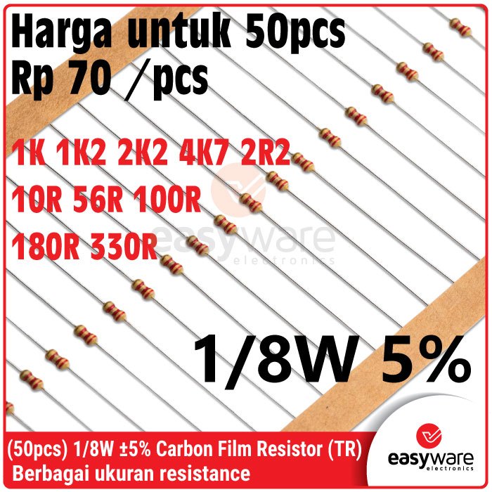 50x Carbon Film Resistor 1/8W 5% 2R2 10R 56R 100R 180R 330R 1K 1K2 2K2 4K7