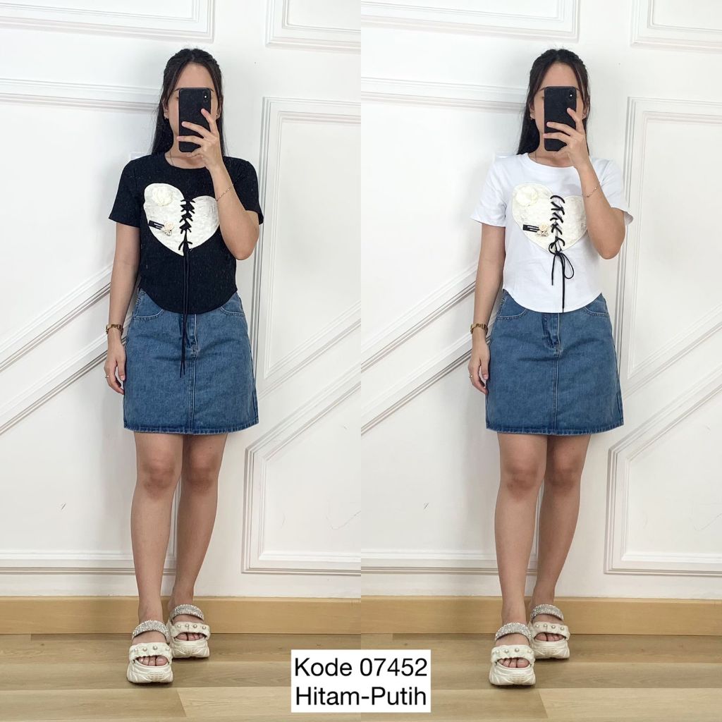 07452 KAOS CROP HEART LOVE FLOWER 3D MOTIF BORDIR DEPAN MIX PEARL AND SWAROVSKI PREMIUM WANITA BASIC