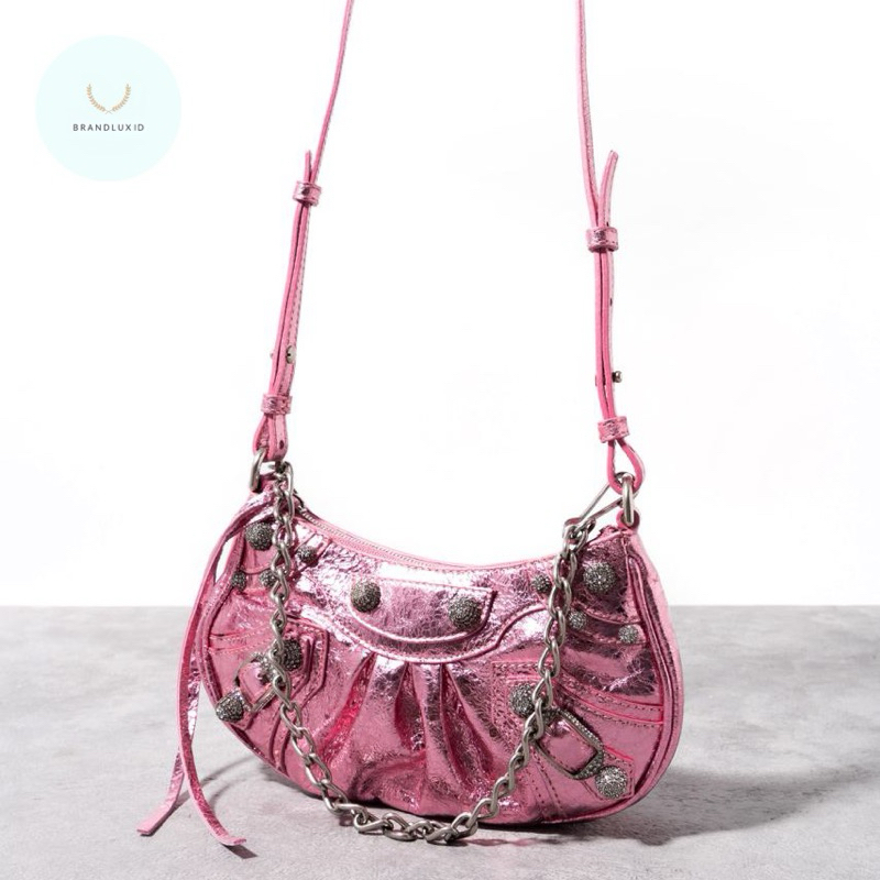 Balenciaga Le cagole mini shoulder bag metallized leather with crystal Pink