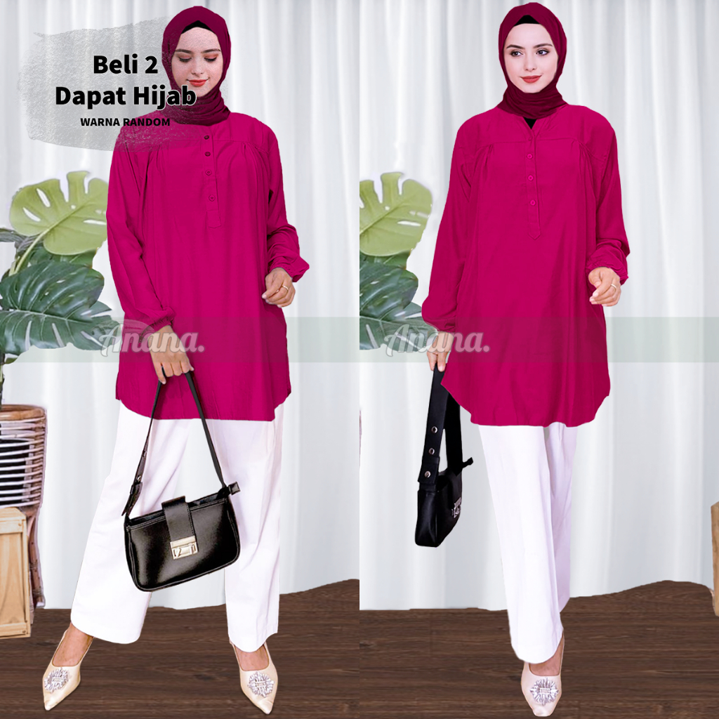 Baju Jumbo Polos Blouse Atasan Wanita Lengan Panjang Dewasa Magenta