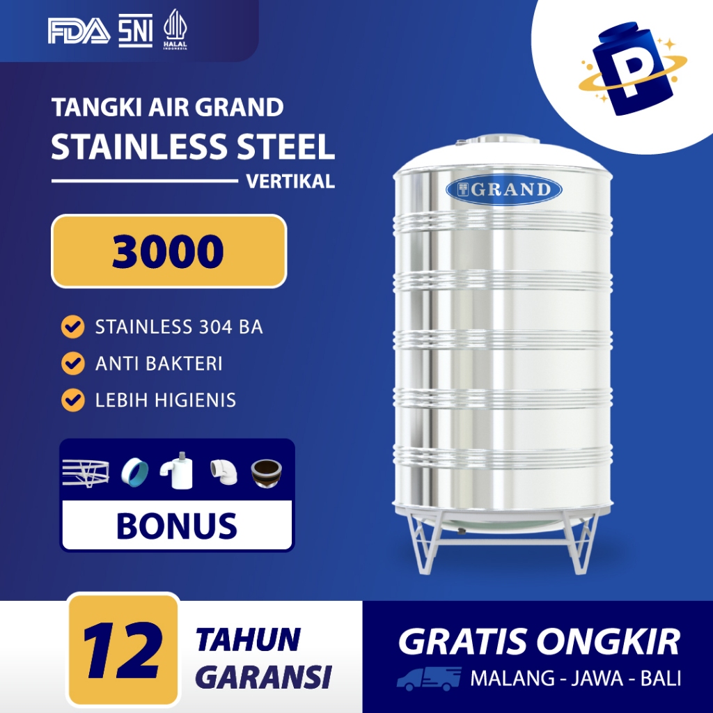 Toren Tandon Air Tangki Stainless Grand TSV 3000 Anti Lumut Halal Garansi 12 Tahun