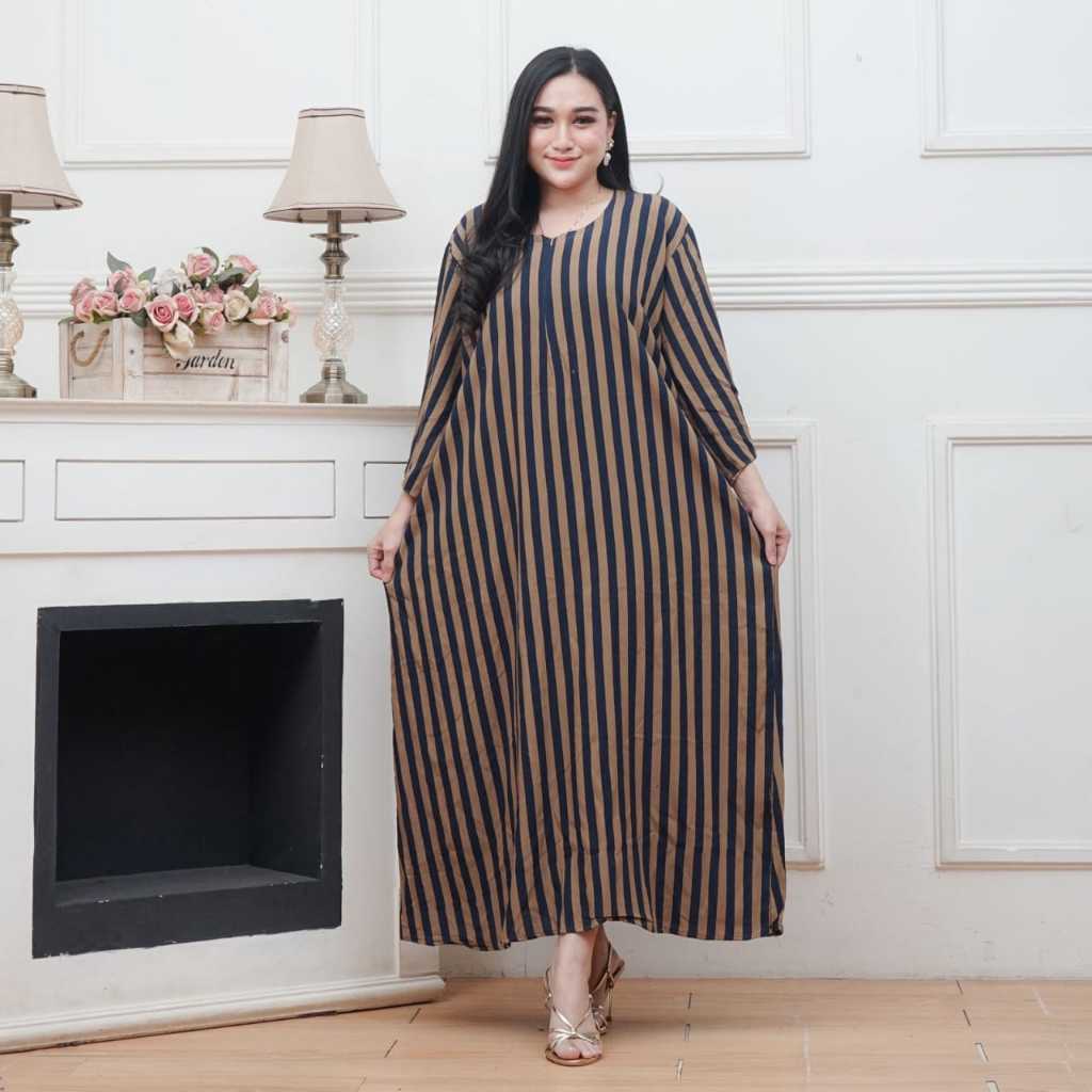 Afika Daster Gamis Tangan 3/4 Rayon Premium Motif Salur Kekinian Terbaru 2024