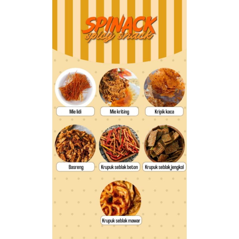 

snack pedas (mie lidi, mie kriting, basreng, kripik kaca, krupuk seblak beton, krupuk seblak jengkol) per pcs kemasan 100g