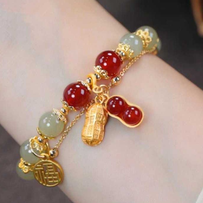 KODE C88H GL17  Gelang Giok Asli Batu Kacang Hijau Kombinasi Koin TitaniumGelang Giok Kacang Wanita 