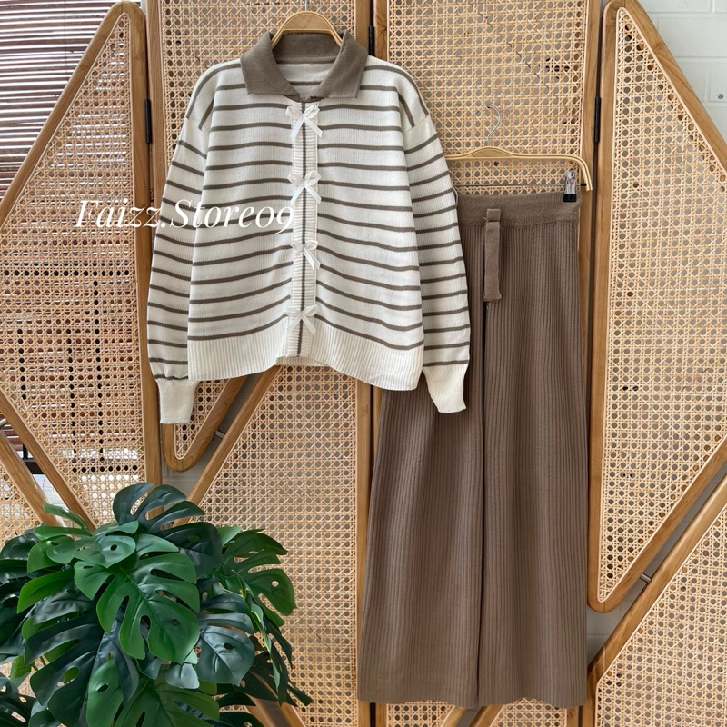 Oneset Abel Sweater Rajut Motif Pita Stripe Setelan Celana Kulot Wanita Premium Lengan Panjang Kekin