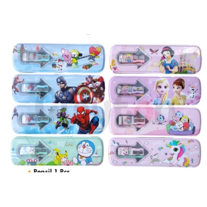 

KOTAK PENSIL SET BESI KALENG ISI FREE PENSIL PENGHAPUS RAUTAN KARAKTER MURAH LUCU MOTIF