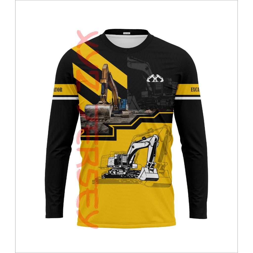 kaos Lengan Panjang Alat Berat Excavator Full Printing Bahan Drifit Nyaman