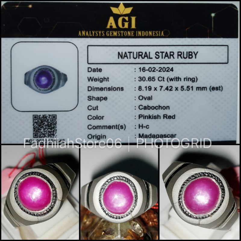 Cincin Monel Natural Star Ruby Madagascar Oval Cabochon + Memo Lab