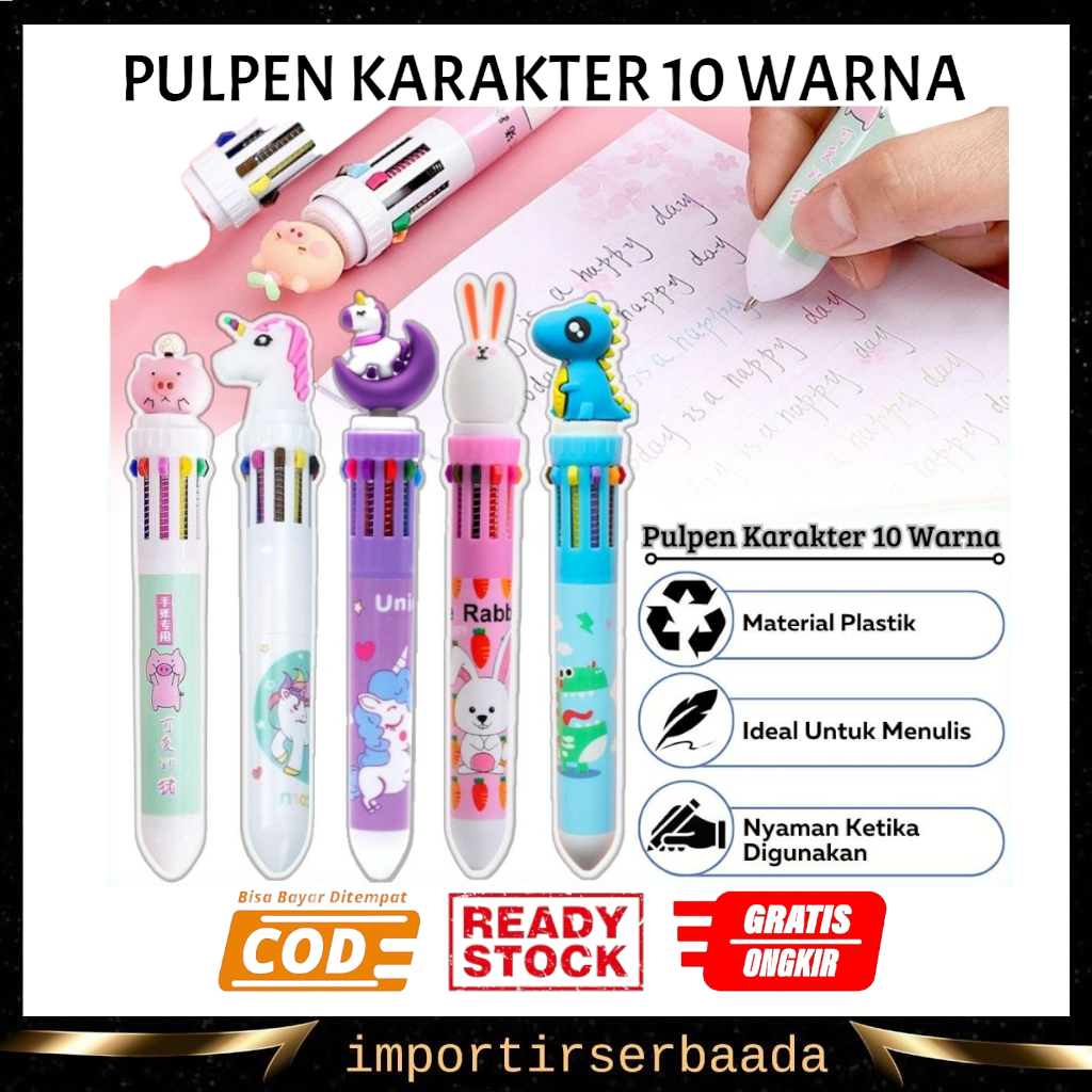

IMP- Pulpen Karakter 10 Warna 0.5mm - Pen Tinta Ballpoint Perlengkapan Menulis Multicolor / Bolpen Mix Colour Isi 10in1 Bergambar Kartun Lucu / Pena Alat Tulis Sekolah Kantor Warna Warni Praktis Hitam Biru Pink Merah Ungu Hijau Kuning Unicorn Dino Rabbit