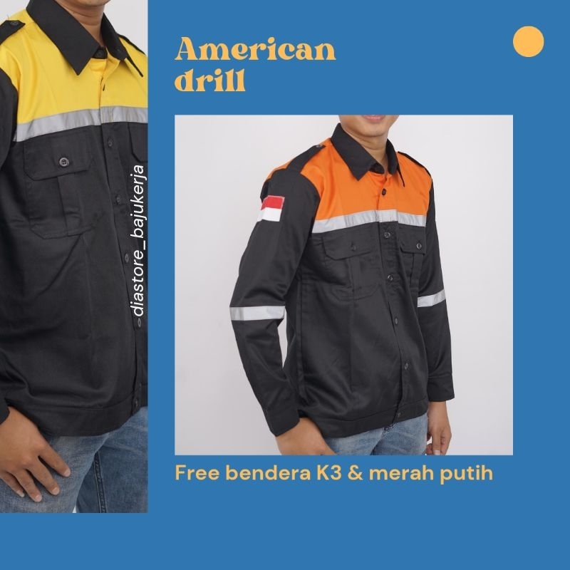 Baju Kerja Safety Lengan panjang variasi. Full bendera safety dan merah putih