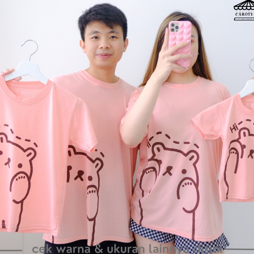 Pilihan CAROTYLES Baju Kaos Couple Keluarga Motif Bear HI Wanita Atasan Lengan Pendek Katun Cauple C