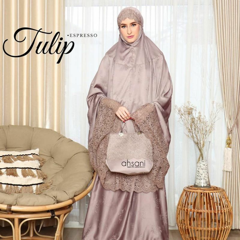 Ahsani Tulip Mukena Sutra Ori Cantik Warna Espresso Renda untuk Seserahan Plus BOX Tas Ekslusive COD