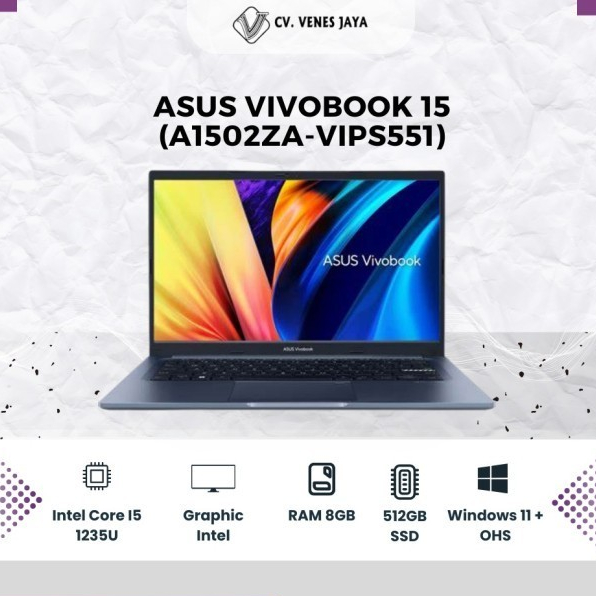 LAPTOP ASUS VIVOBOOK 15(A1502ZA-VIPS551), INTEL CORE I5 1235U, GRAPHIC INTEL, RAM 8 GB, 512GB SSD, 1