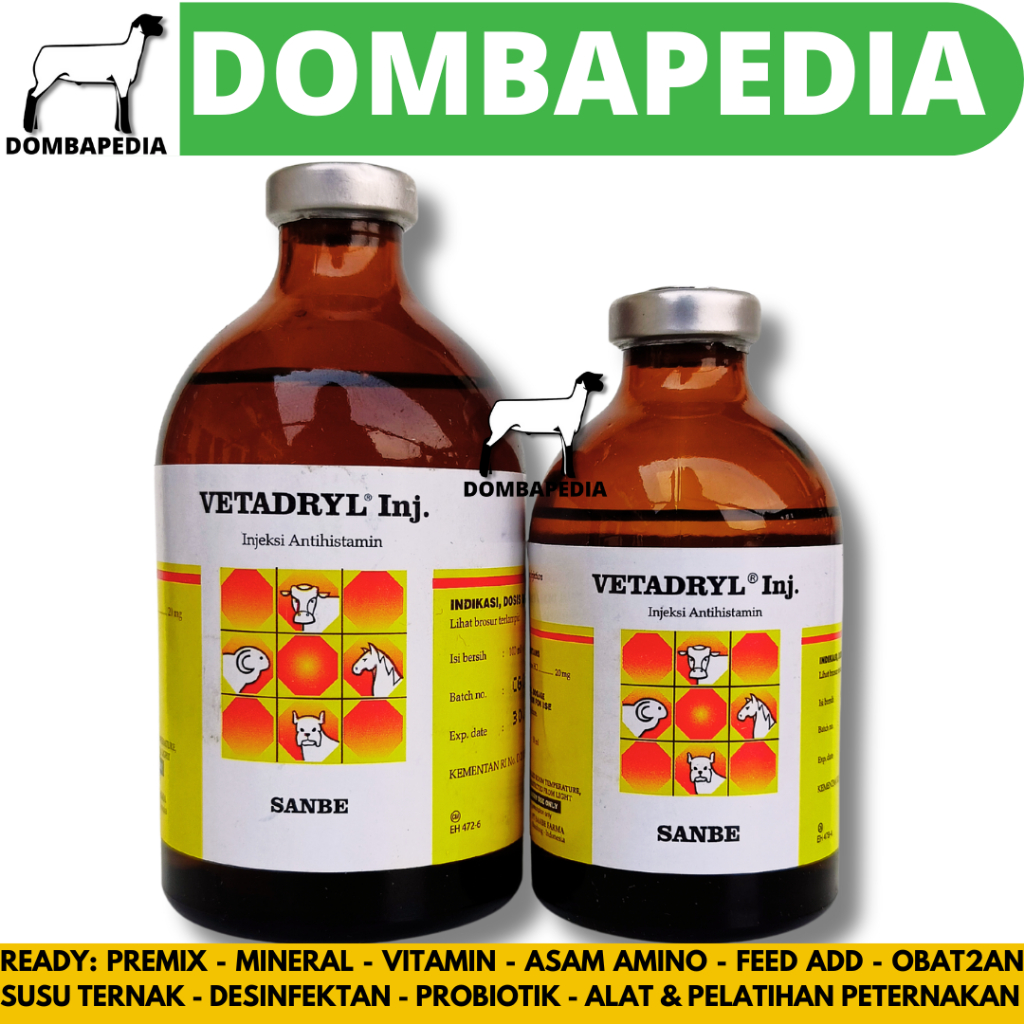 VETADRYL INJEKSI 50ml & VETADRYL 100ml SANBE - Obat Antihistamin Hewan Sapi Kuda Domba Kambing Babi 