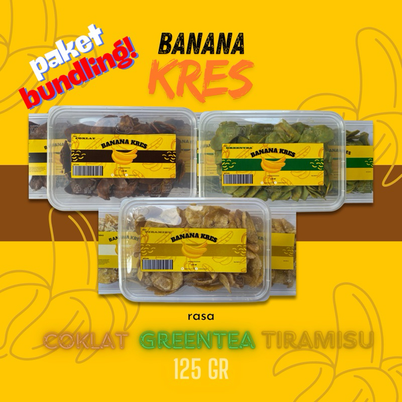 

PAKET BUNDLING!! KRIPIK PISANG LUMER BANANA KRES KEMASAN 125 gr VARIAN RASA COKLAT, GREENTEA, TIRAMISU