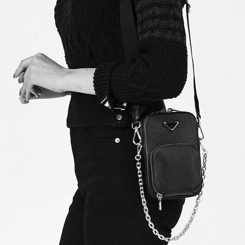 Original Prada Mini Saffiano Leather Crossbody Bag with Chain & Wide Logo Strap