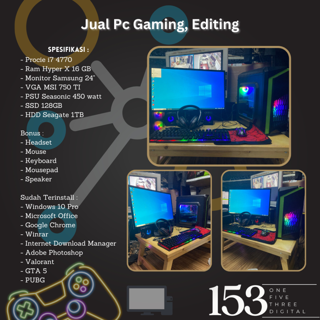 PC GAMING DAN EDITING i7 4770 / MSI GTX 750 TI / 16GB RAM / SAMSUNG 24" / SSD 128GB / HDD 1TB
