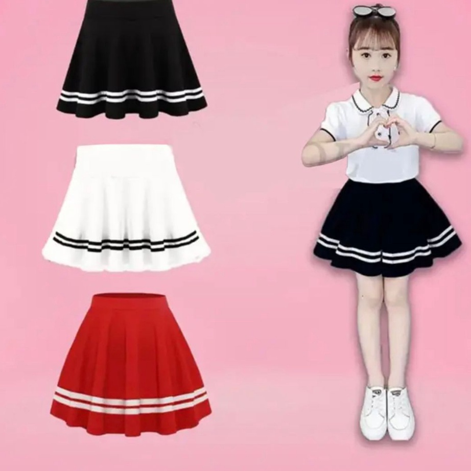 Rok Anak Pendek Perempuan Rok List Putih 28 Tahun Bahan Scuba Rok Mini Anak jepang Hitam Putih Merah