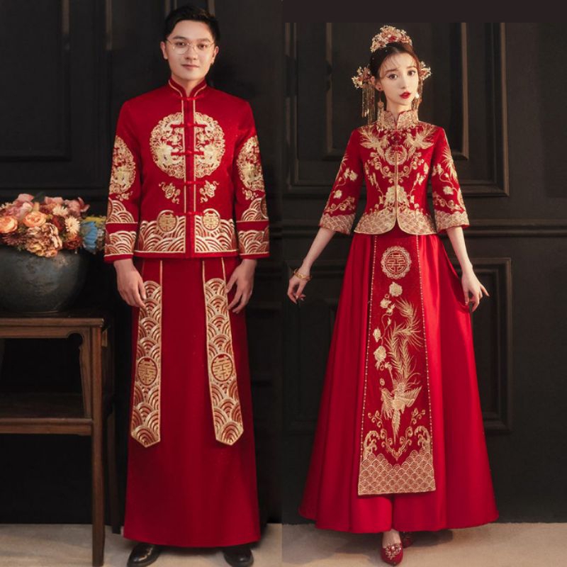 Realpic S-5XL CHW-61  Cheongsam couple impor motif naga phoenix gaun sangjit merah pakaian chinese w