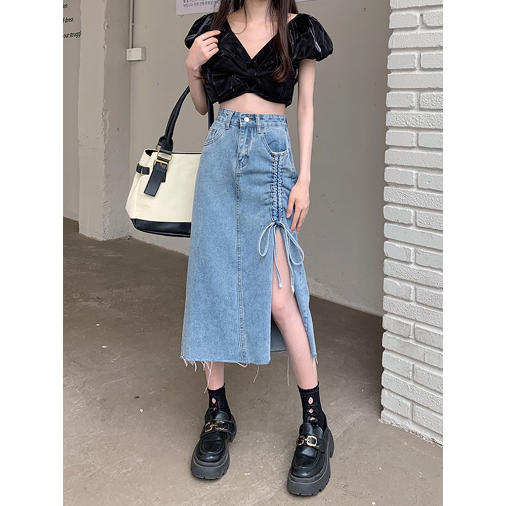 Highwaist Rok Denim Wanita Korea Rok Long Skirt Lateral Belah Rok Jeans
