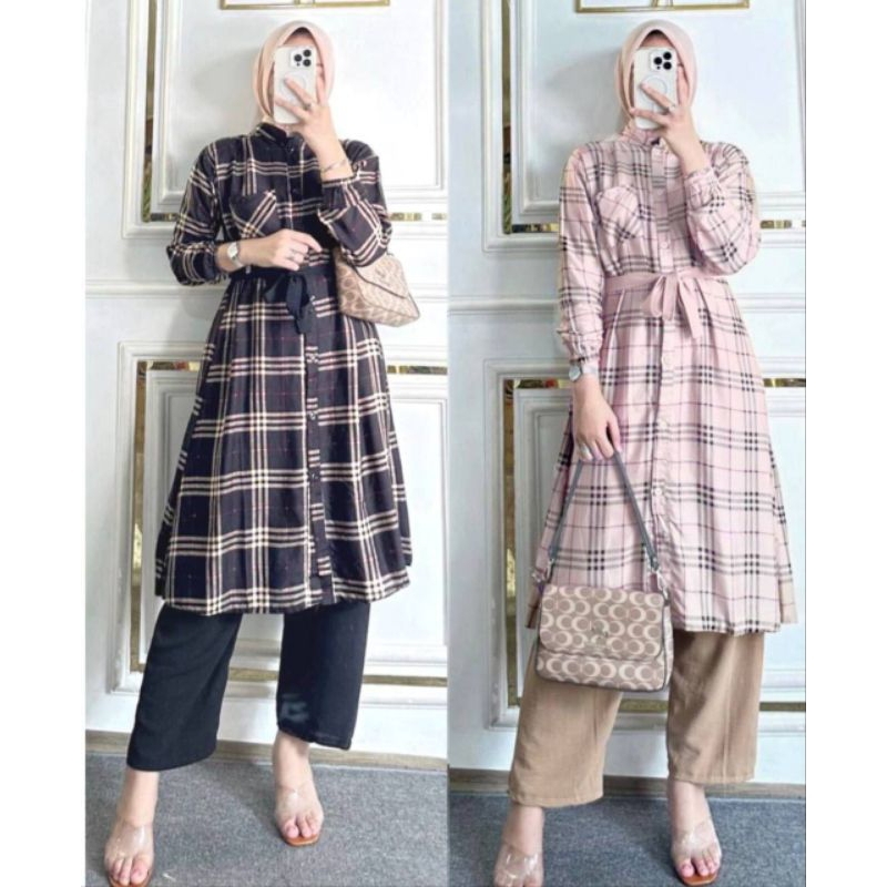 SET TUNIK KOTAK/ SETELAN TUNIK WANITA/ONE SET KOTAK KEMEJA PANJANG/ONESET LONG TUNIK KOTAK/BAJU SETE