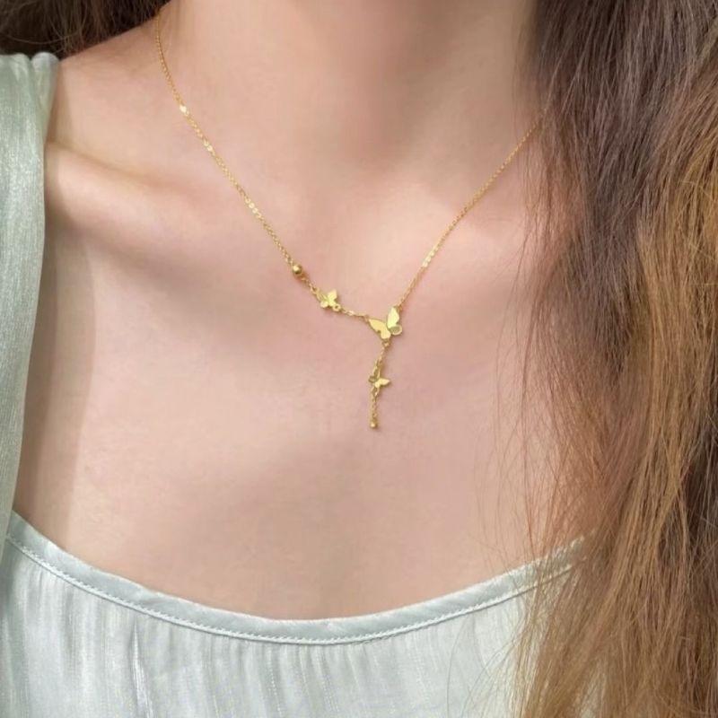 SK - kalung titanium kupu2 rumbai gold anti karat