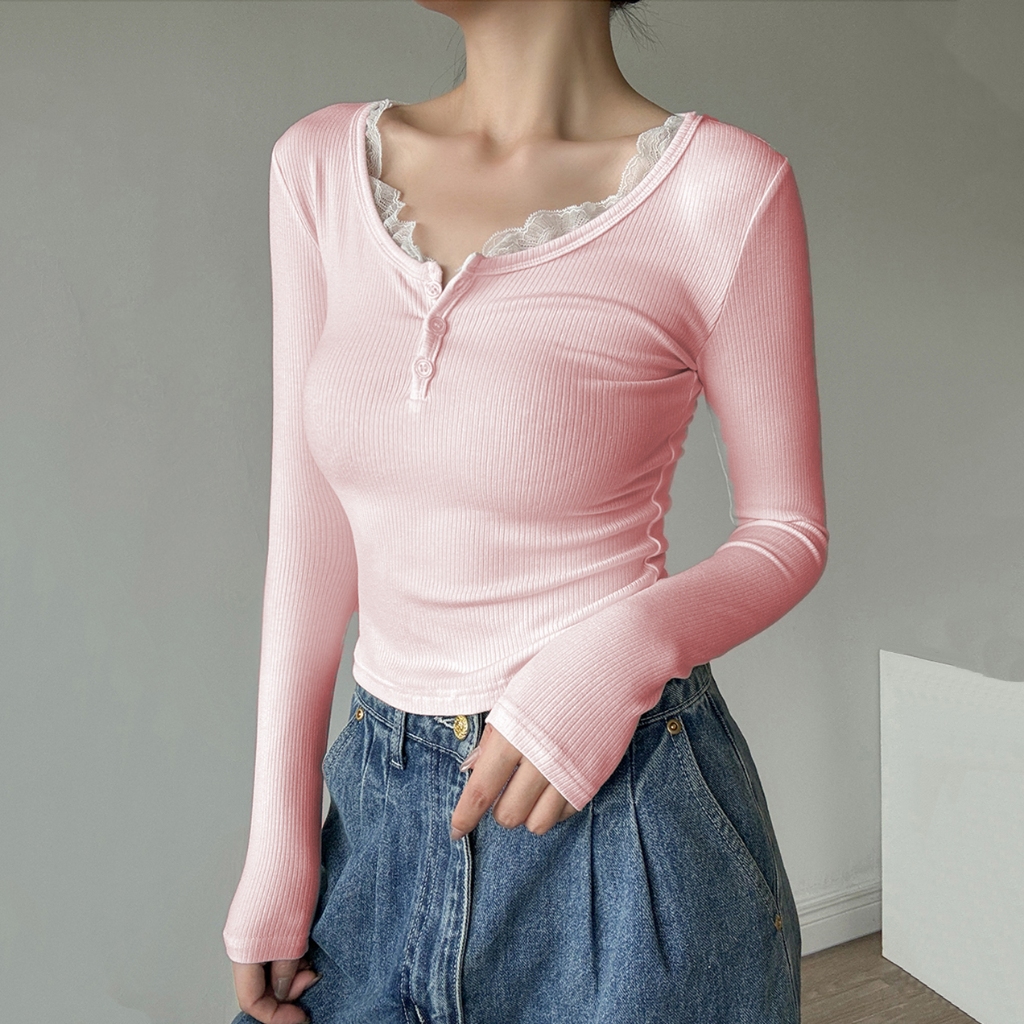 [Premium] Women's Lace Long-sleeved T-shirt/Women's Half Button Cardigan T-shirt/atasan polos wanita