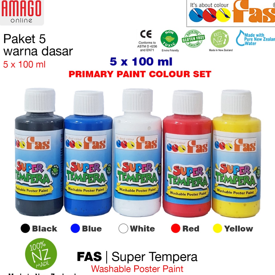 

FAS Super Tempera Primary Colour Set Paket 5 warna dasar Cat Lukis Sekolah 5 x 1 ml q FG3