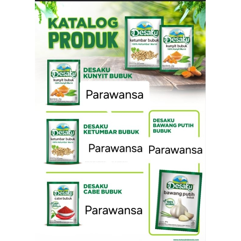 

Desaku bawang putih,Ketumbar, Kunyit, Marinasi, Bawang putih, Cabai bubuk , isi 1 Renteng (12 sachet)