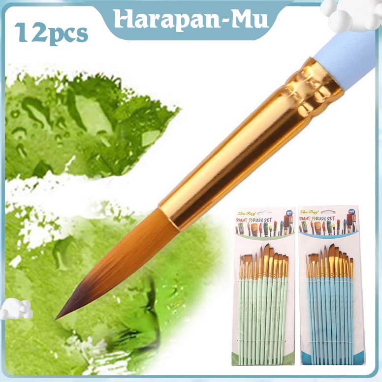 

KODE D63U Isi 12Set Kuas Cat Air Professional Nylon Hair Paint Brush Watercolor Acrylic Wooden Handle Painting Brushes Art Supplies