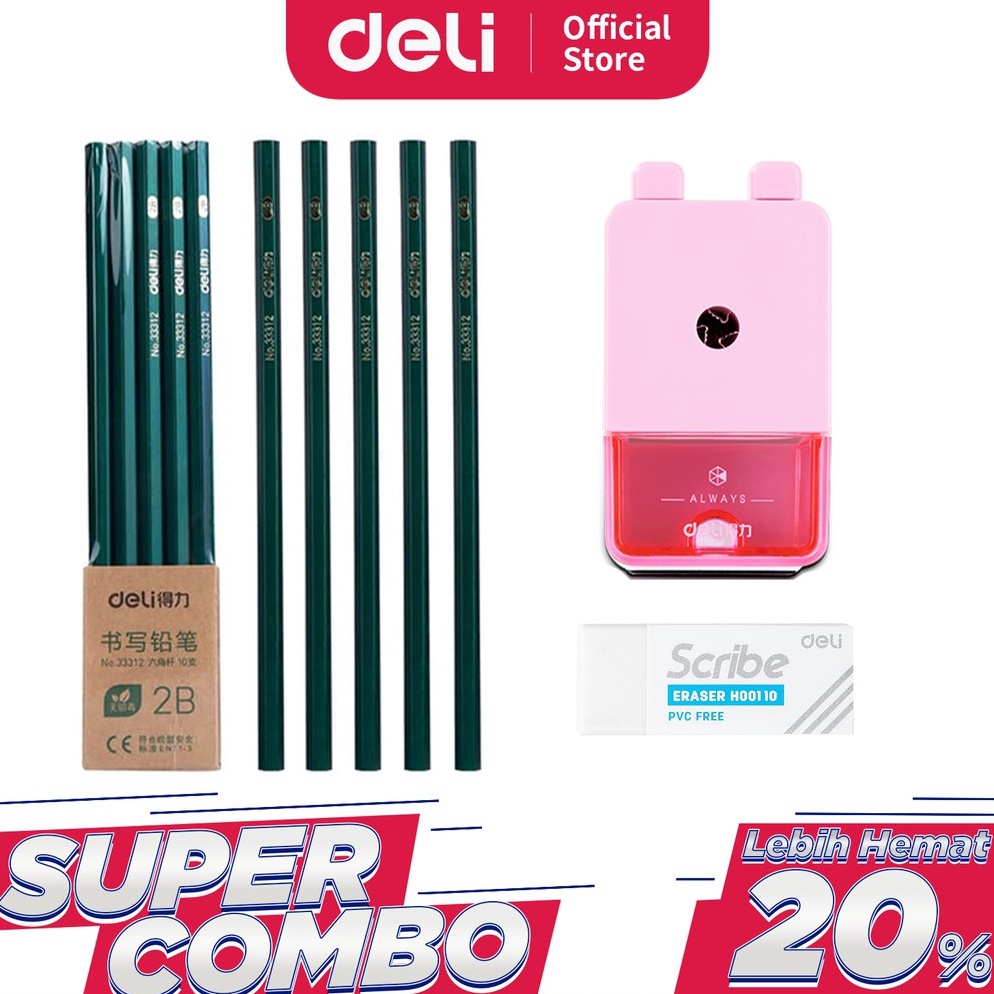 

KODE G55C Deli Combo Set 2 1pcs Pensil 2B 3pcs Penghapus Rautan Putar