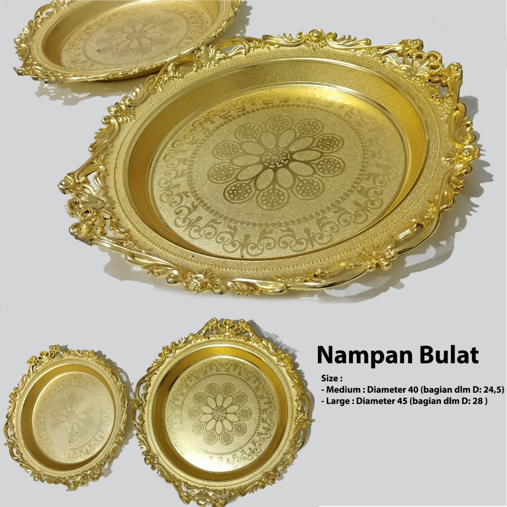 Cuci Gudang Nampan Emas Kuning Gold Bulat Oval Motif Dekorasi Tamu Jamuan