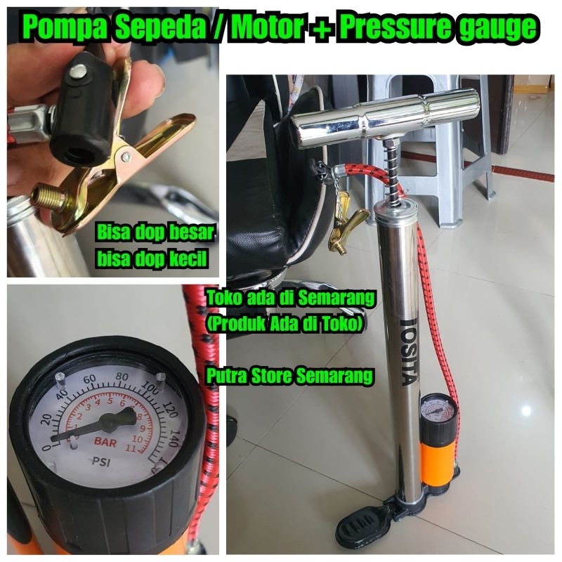 Pompa ban sepeda tabung tosita pompa ban motor stainless besi pressure gauge
