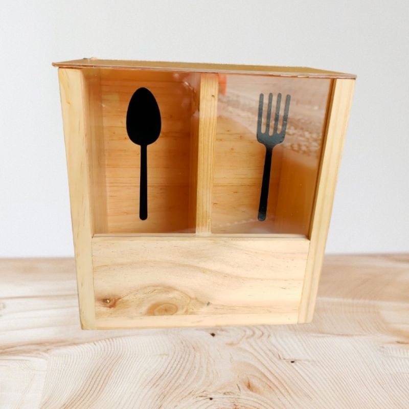 Tempat sendok garpu kayu tertutup/holder sendok garpu kayu acrylic tertutup/rak sendok garpu tertutu