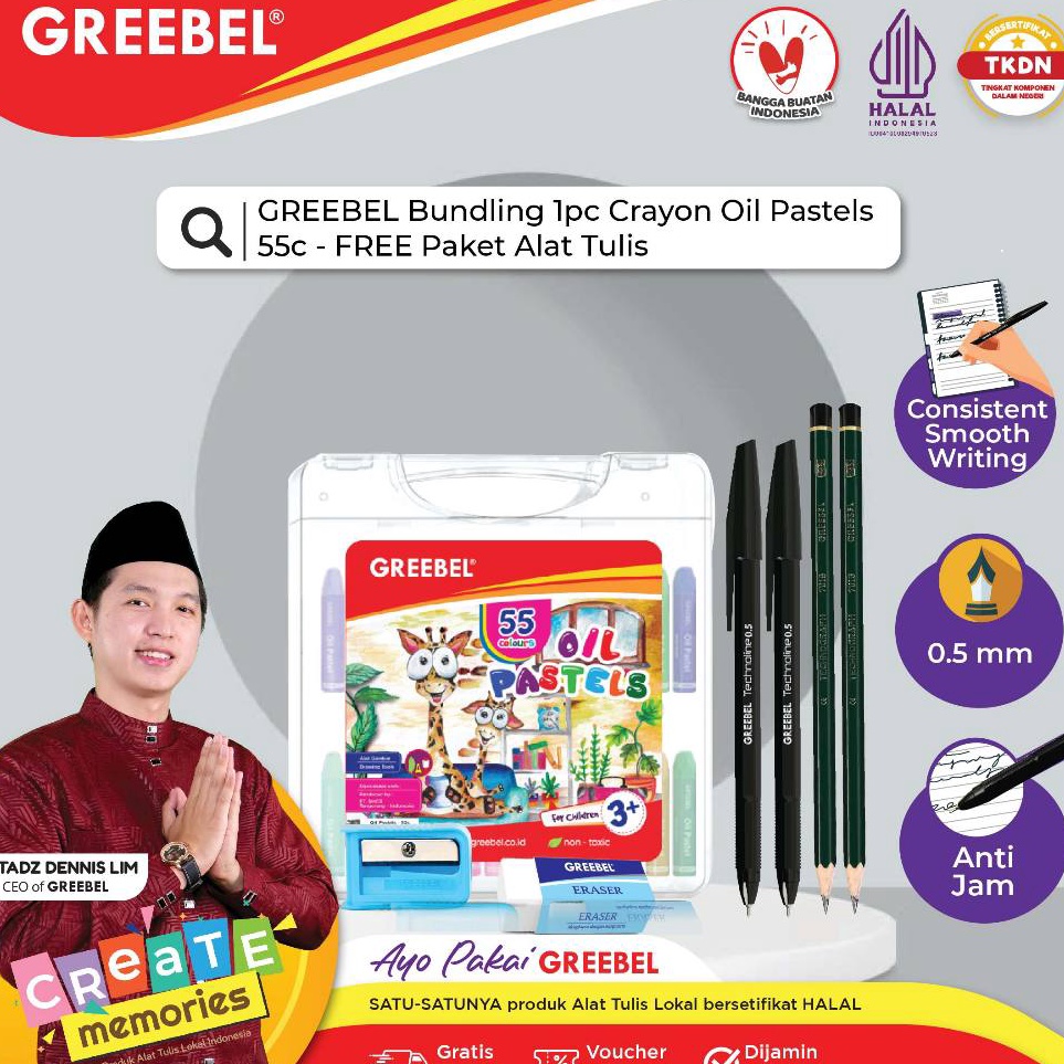 

GREEBEL Crayon Oil Pastel 55 Warna Bundling Gratis Paket Alat Tulis Crayon Greebel Krayon Greebel x B2C4