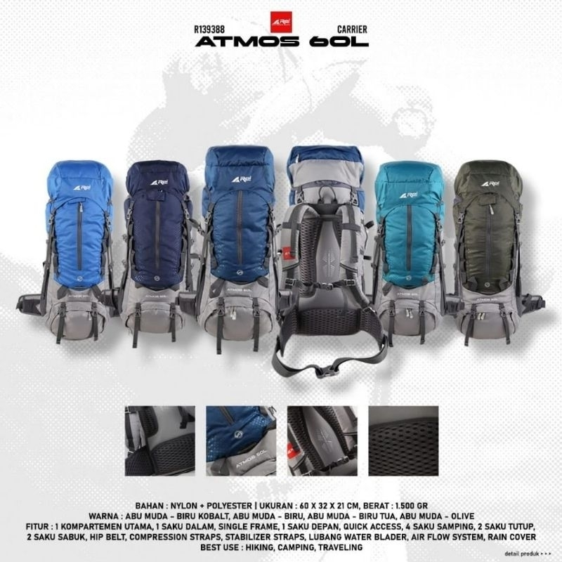 Tas Gunung Rei Atmos 60 Liter + Rain Cover Tas Carrier - Keril Arei Outdoorgear