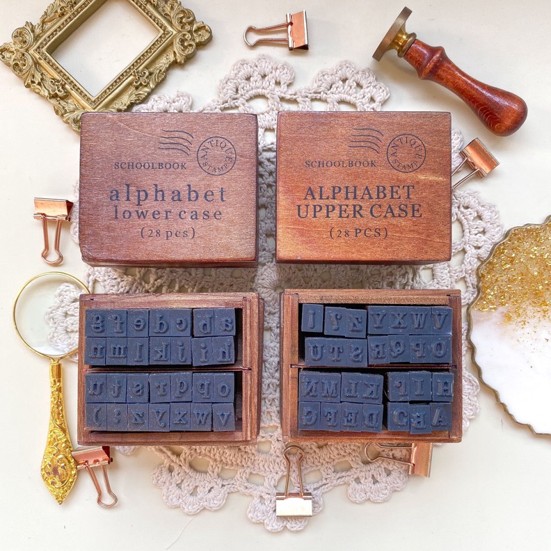 

28pcs Stempel huruf Vintage wooden box alphabet number stamp cap stempel huruf angka aesthetic retro diy jurnal scrapbook n I2V7