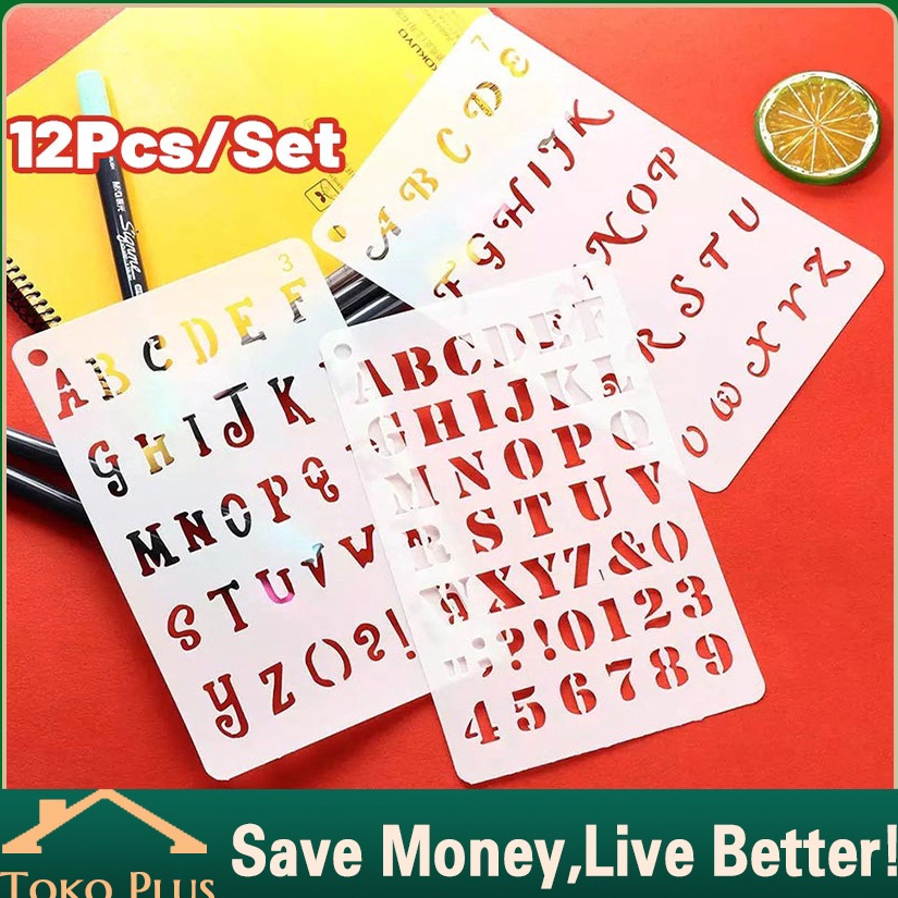 

12PcsSet Penggaris Huruf Angka Templates Penggaris Sablon ABC Lettering Stencil set Penggaris Cetakan Huruf Angka Templates Sablon a N8J6