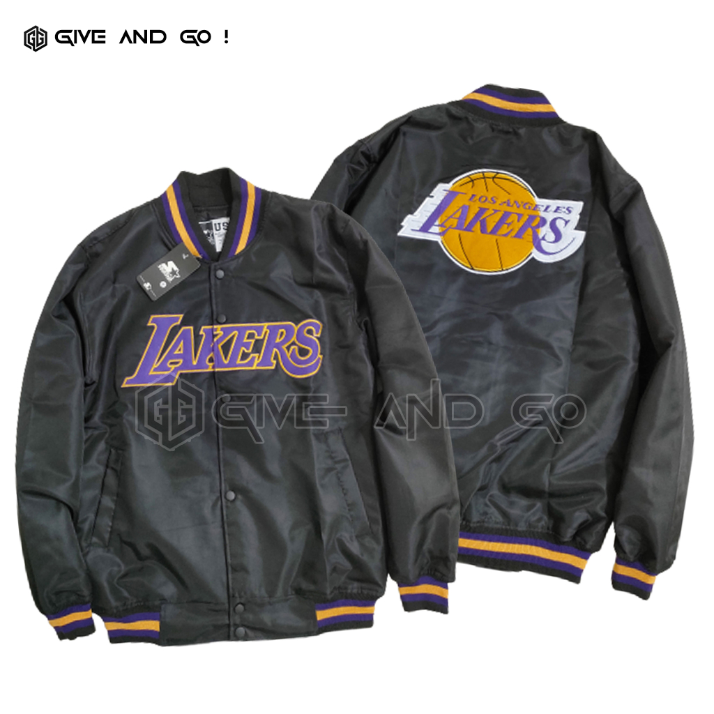 JAKET BOMBER VARSITY - JAKET BASEBALL VINTAGE JACKET LAKERS HITAM TEXT UNGU - BORDIR  TAG + LABEL JA