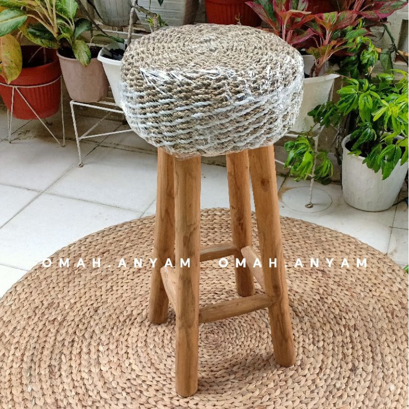 stool kursi bar bangku cafe anyam seagrass x sintetis putih | bench kafe barstool minimalis kaki kay