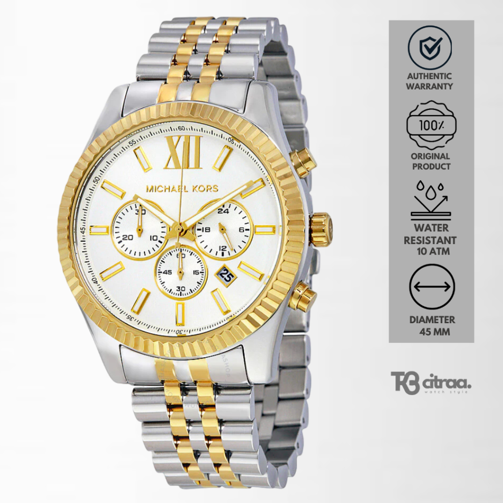 jam tangan fashion pria Michael Kors Lexington analog strap rantai Chronograph Silver gold Dial whit