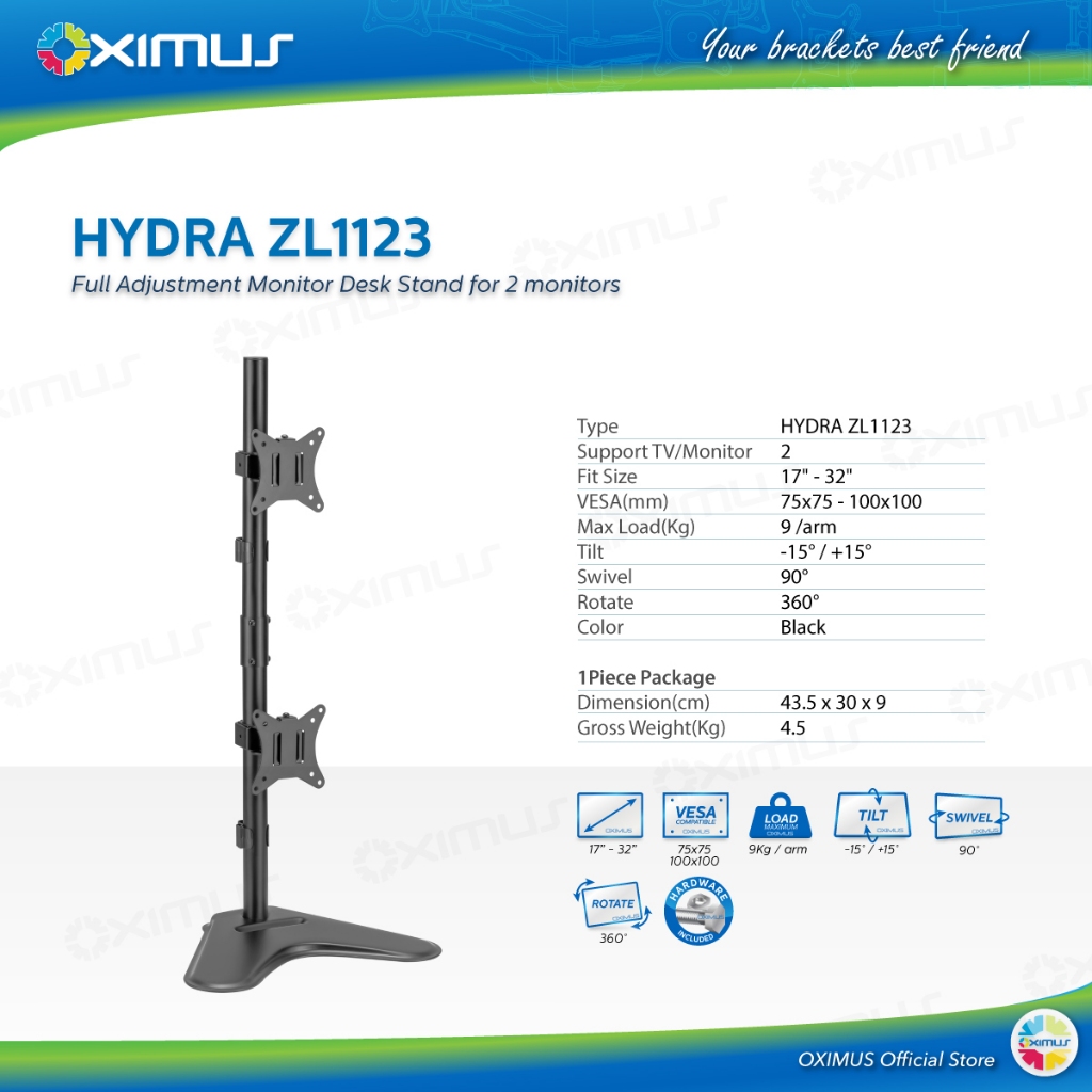 BRACKET TV LCD MONITOR 13"-27" OXIMUS HYDRA ZL1123 TILT SWIVEL ROTATE