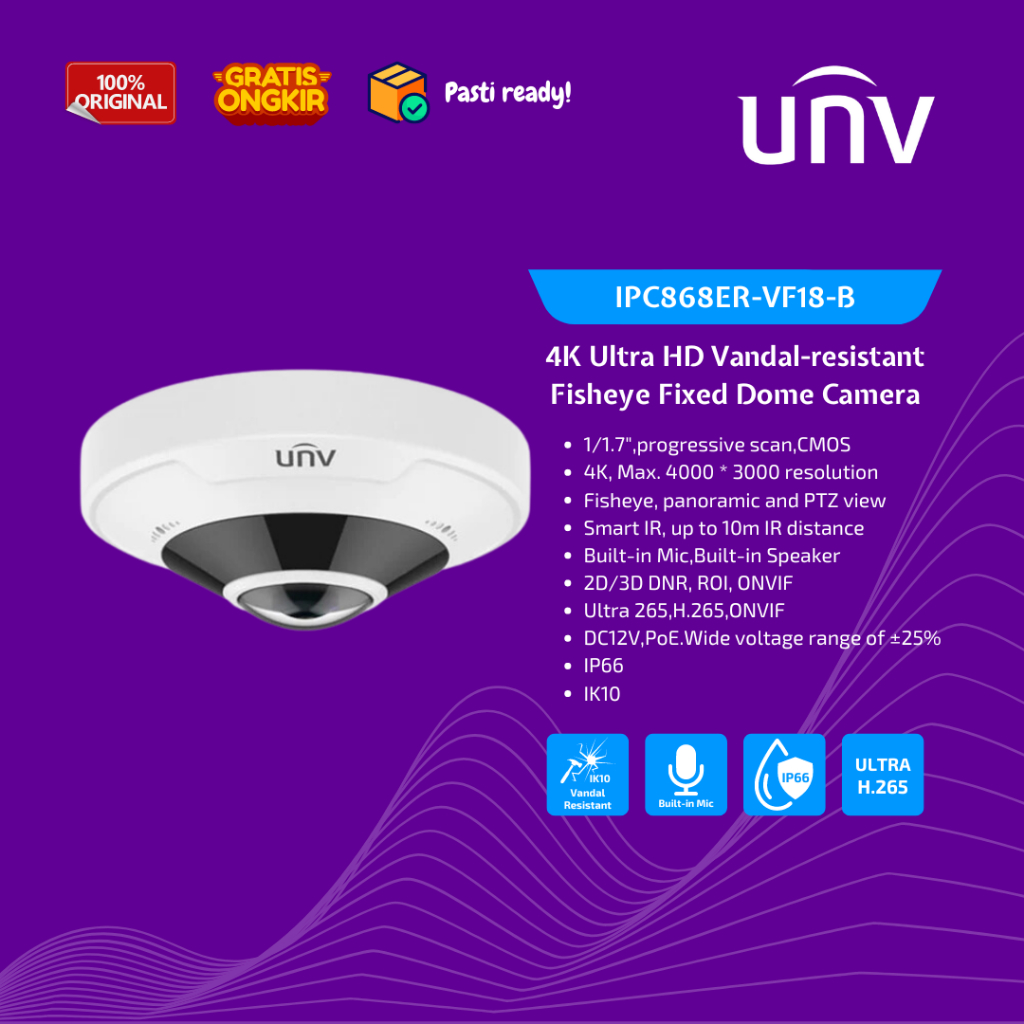 Uniview IPC868ER-VF18-B Kamera IP Keamanan 4K Ultra HD Vandal-resistant Fisheye Fixed Dome
