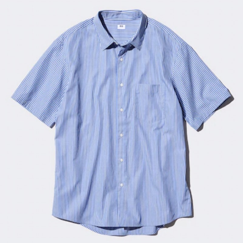 UNIQLO Men Shirt Kemeja Pria Broadcloth Garis Lengan Pendek Blue