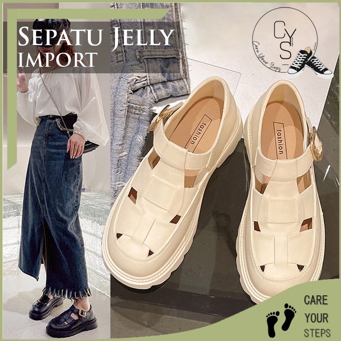 KODE C57G CYS Sepatu Sandal Wedges Wanita Jelly PVC Import Korea Fashion Style Gesper Tali Belakang 